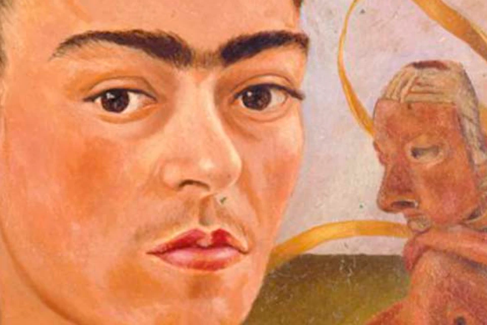 A painting of a person with short hair and a mustache, alongside a symbolic figure wrapped with ribbons in the background.