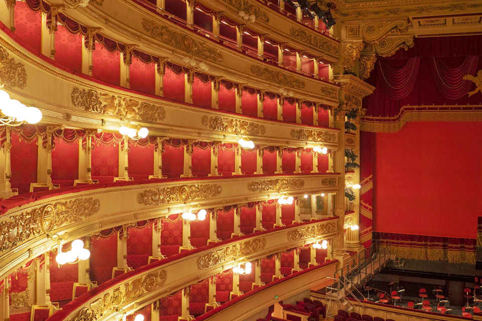 The inside of the theater and the seating areas.