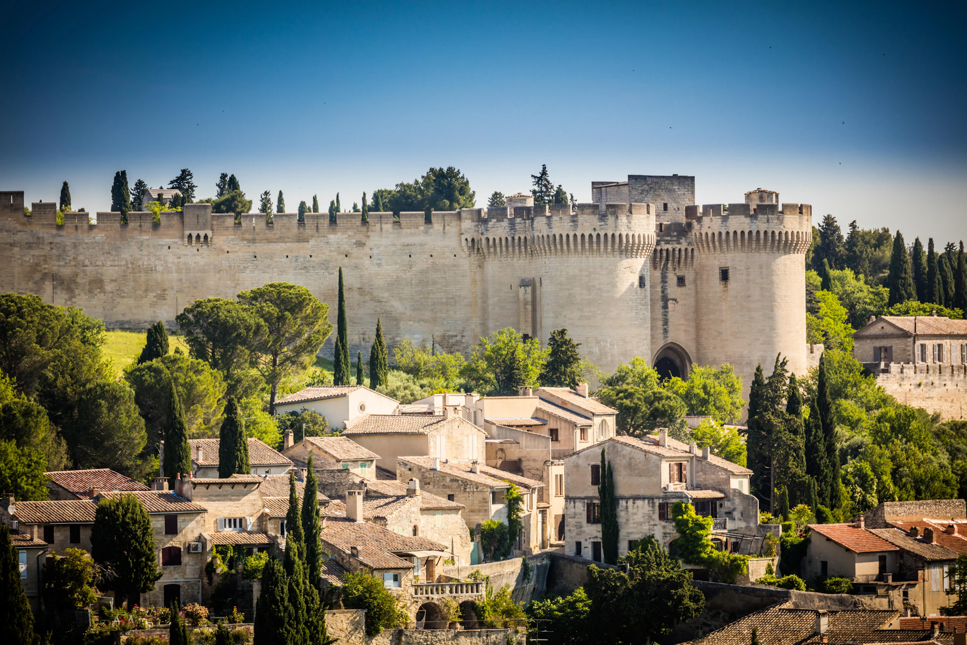 Medieval fortress with high stone walls and crenellations behind a village of rustic houses surrounded by trees under a clear blue sky.