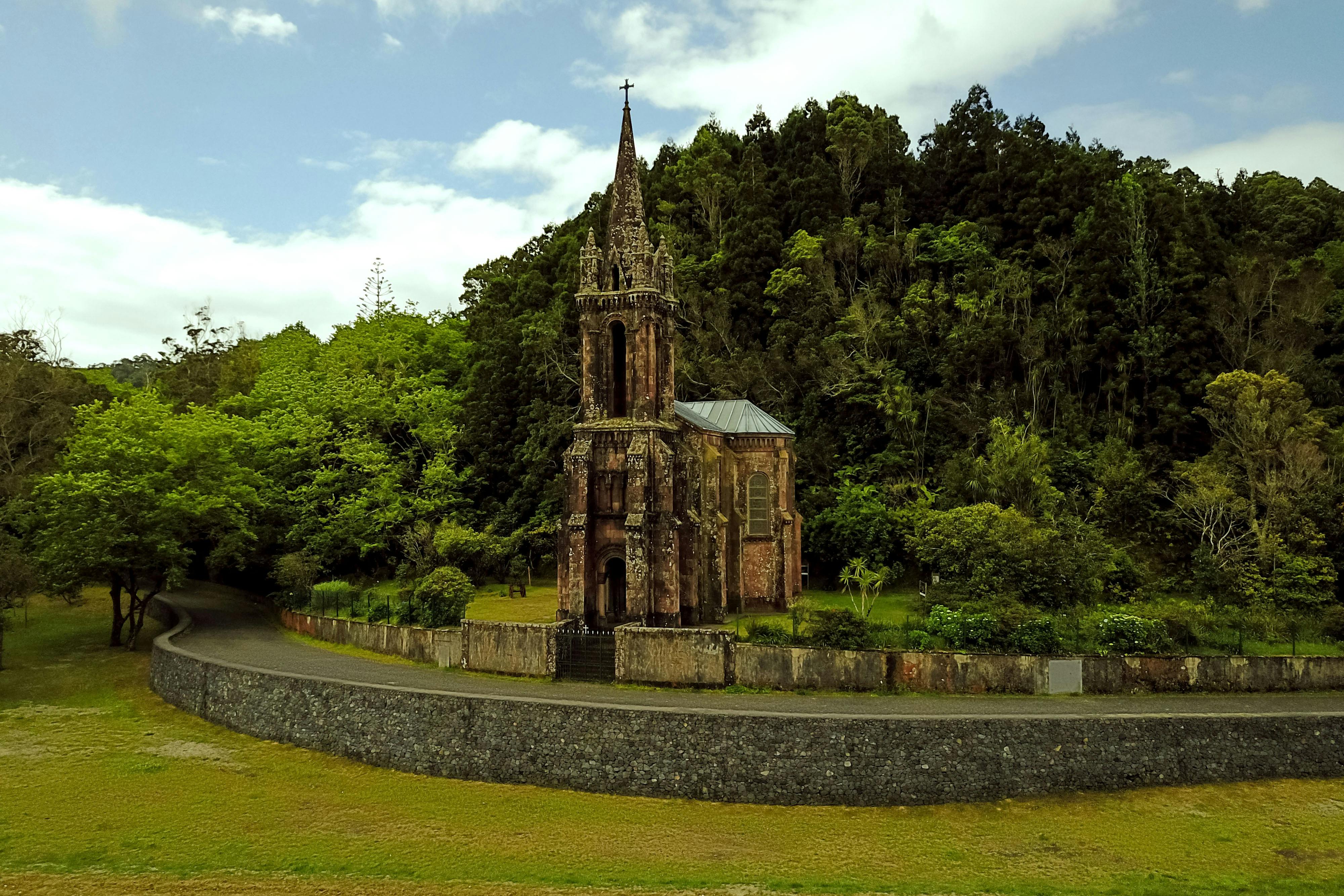 높은 첨탑이 있는 유서 깊은 예배당이 돌담과 녹지로 둘러싸인 빽빽한 숲 앞에 서 있습니다.