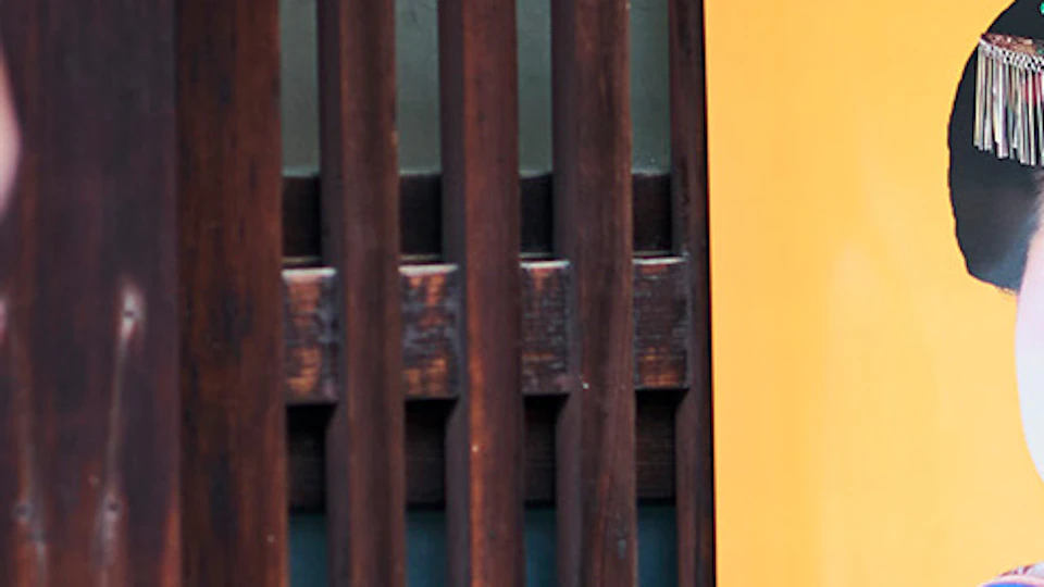 A person observes a poster of a woman in traditional attire and hairstyle, displayed on a wooden structure.