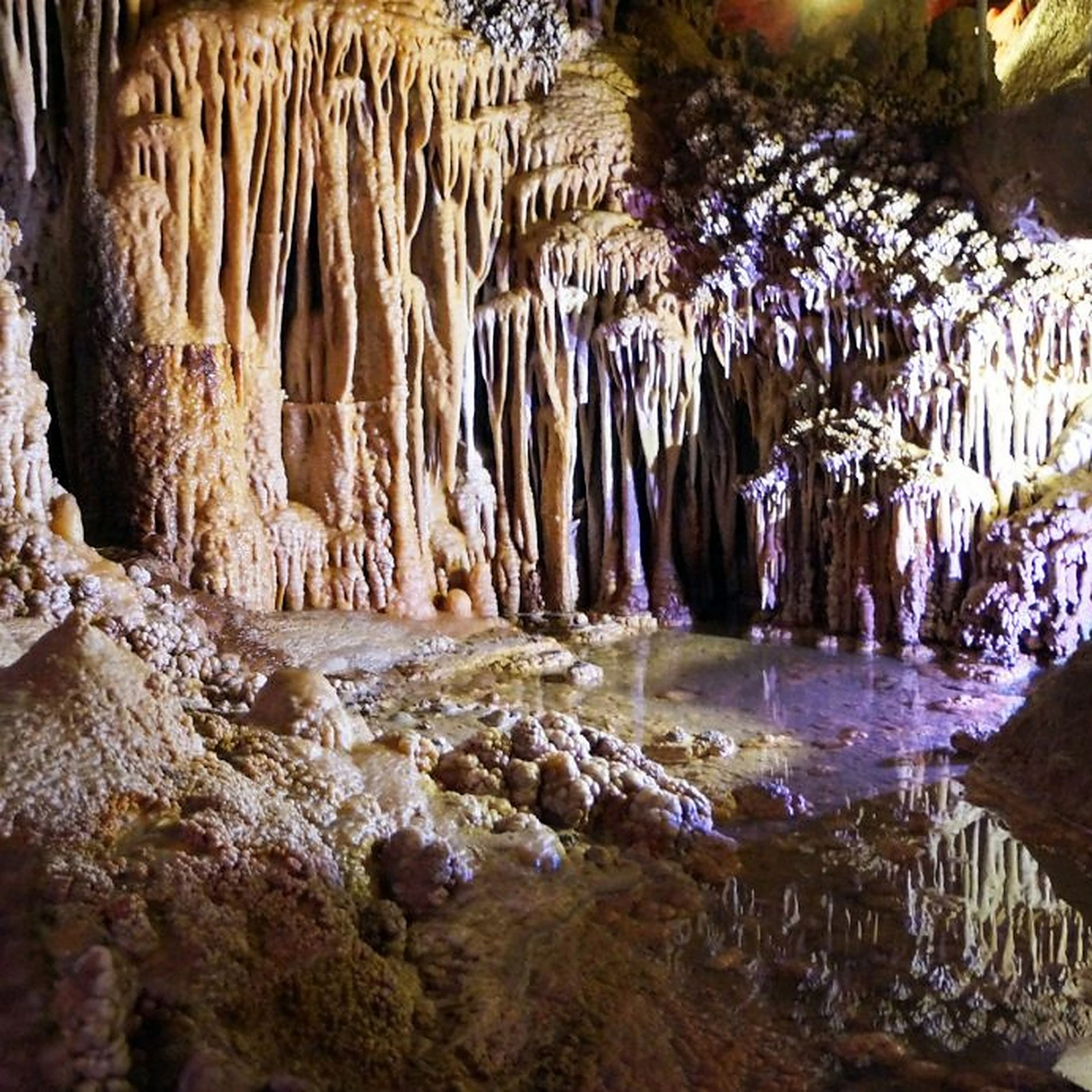 A cave with stalactites, stalagmites, and mineral formations reflecting in a shallow pool of water.