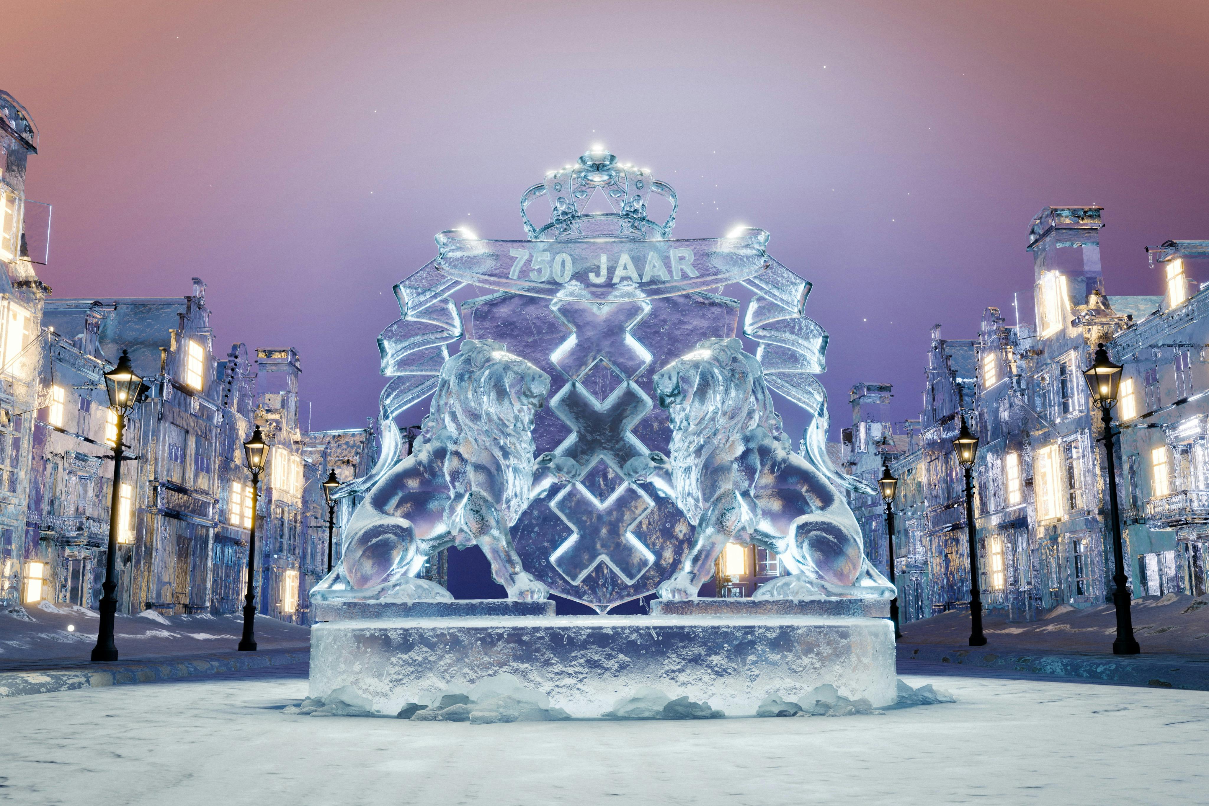 Na velké ledové soše jsou dva lvi a text „750 JAAR“, umístěný proti zasněžené ulici s ozdobnými budovami a pouličními lampami.