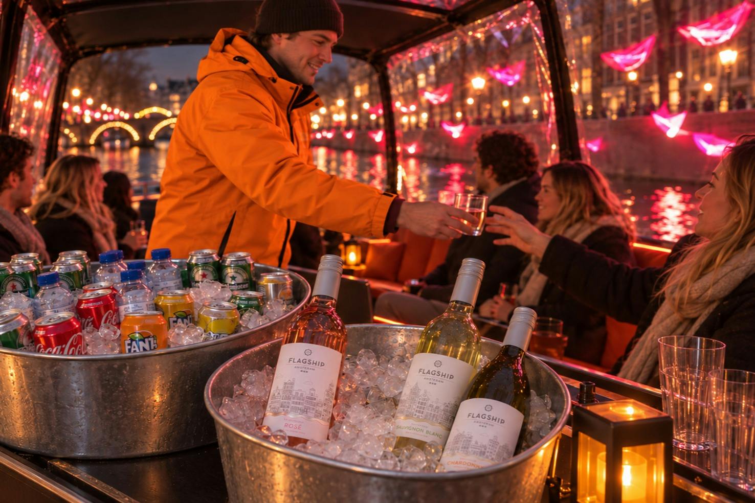 People enjoying wine on a boat with a lit canal and pink decorations in the background.