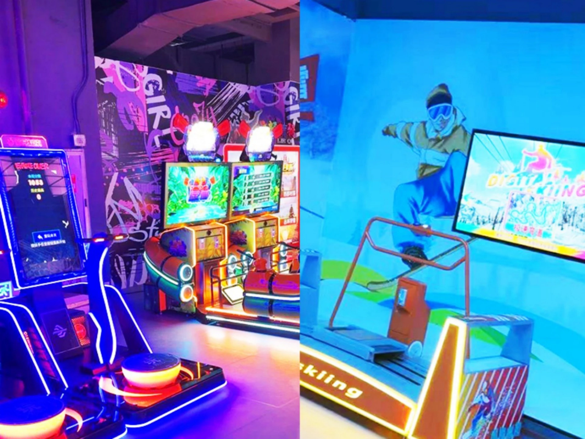 An indoor arcade with colorful game machines and a snowboarding-themed simulator under vibrant lighting.