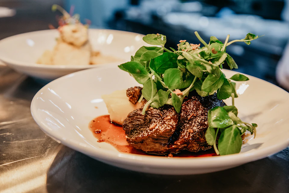 Plate of grilled meat topped with greens, served with mashed potatoes and sauce in the background on a dining table.