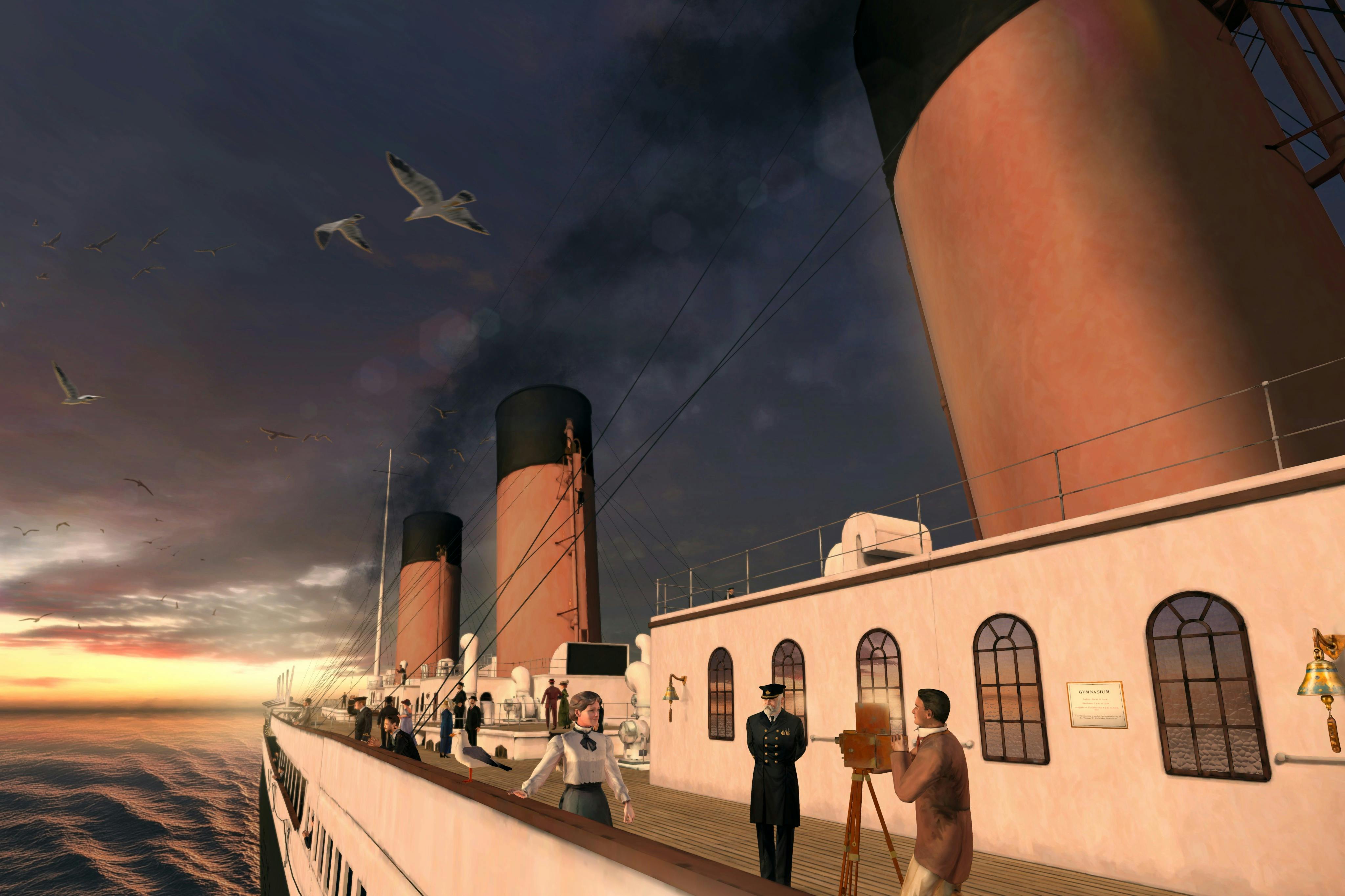 A ship's deck at sunset with passengers, officers, and a photographer. Seagulls fly above, and smokestacks release smoke.