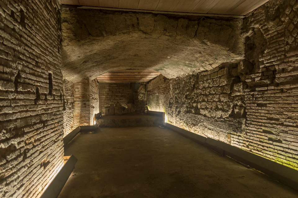 A dimly lit, ancient stone cellar with rough-hewn walls and an arched ceiling, illuminated by ground-level lights.