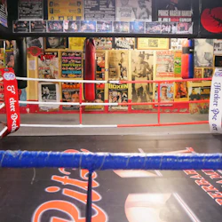 En boxningsring med röda och blå rep, omgiven av väggar täckta av olika boxningsaffischer och minnessaker.