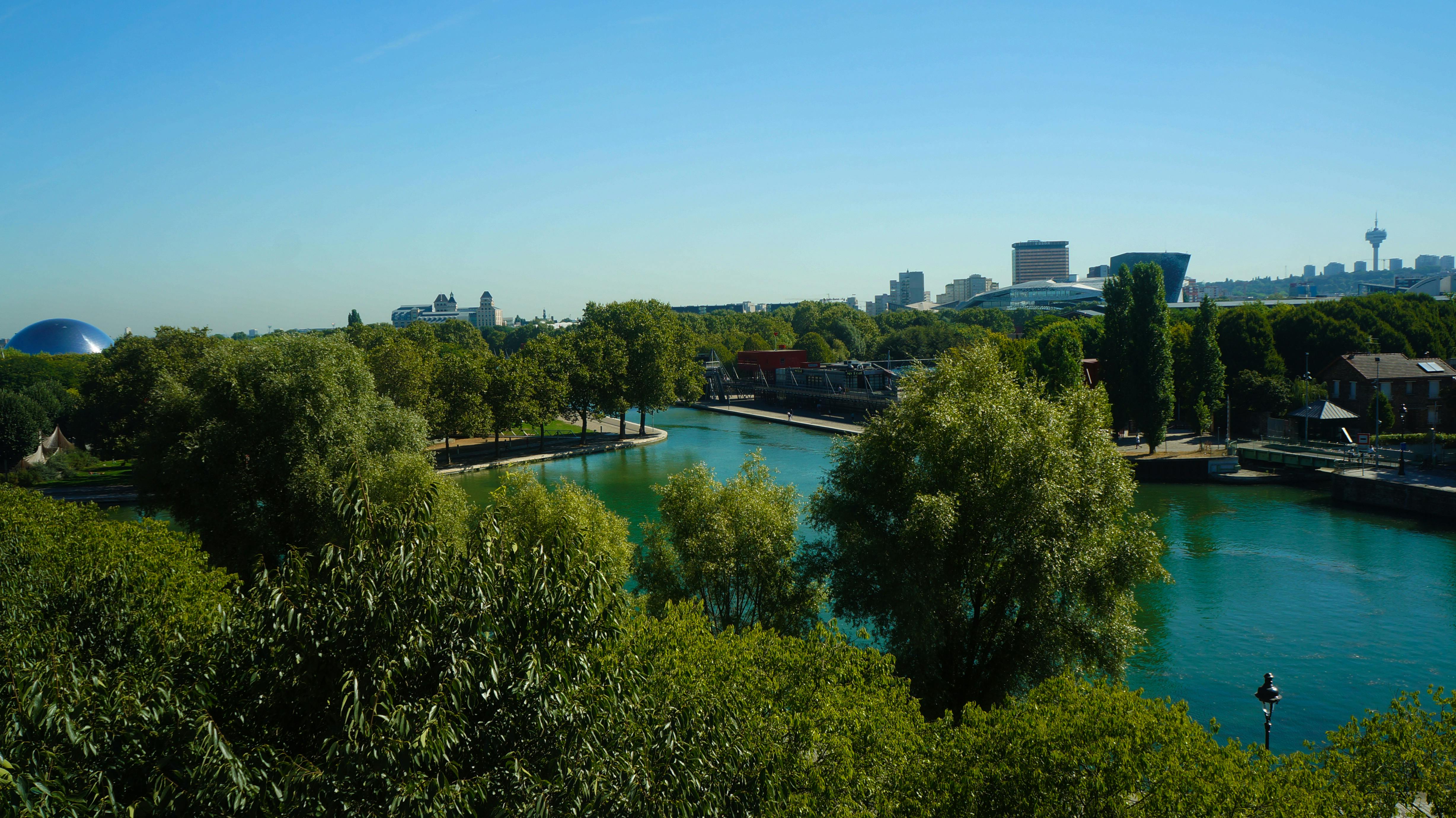 Un paisaje urbano con un río rodeado de vegetación, edificios al fondo y un cielo azul despejado.