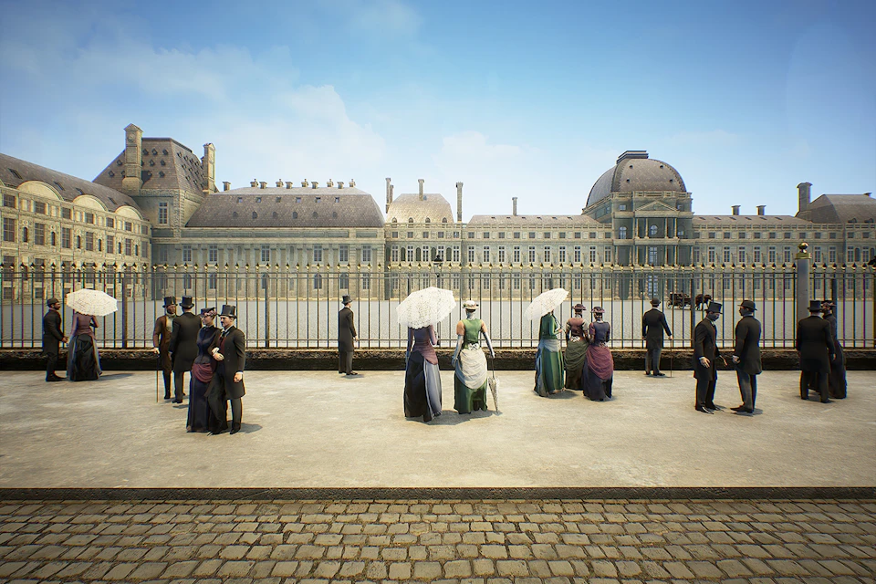 A historic scene with people in period attire standing near a fence, with a grand building in the background under a clear sky.