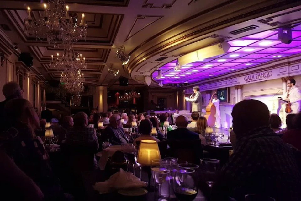 A performer on stage entertains an audience in a lavishly decorated room with chandeliers and soft, purple lighting.