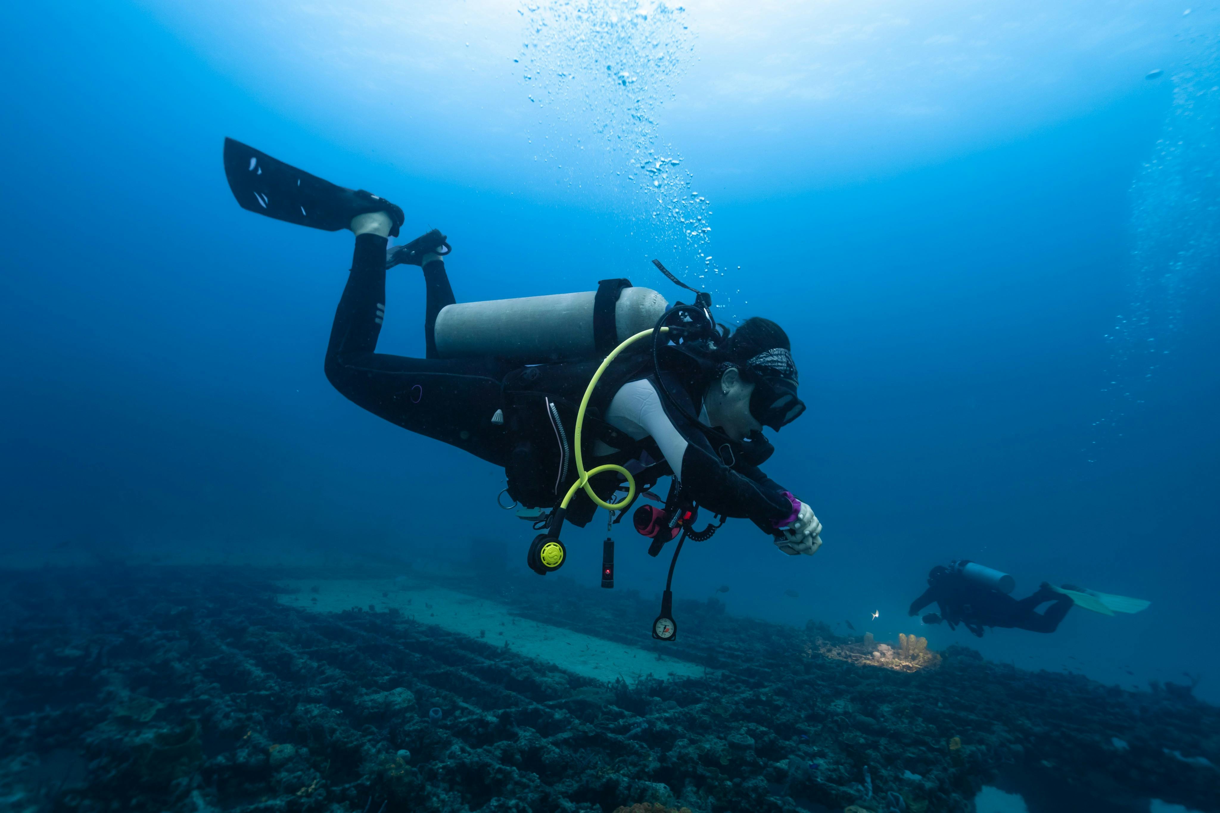 Plongeur sous-marin portant un équipement, notamment des palmes et une bouteille d'oxygène, avec un deuxième plongeur visible au loin.