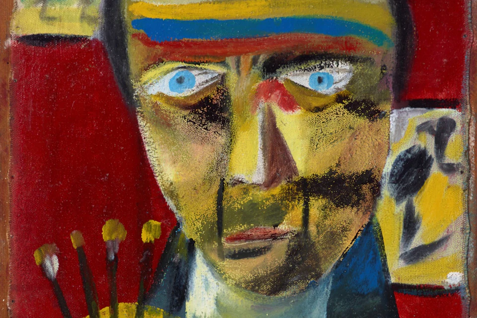 Abstract painting of a face with vibrant colors, strong brushstrokes, and bold contrasts, emphasizing eyes and facial features.
