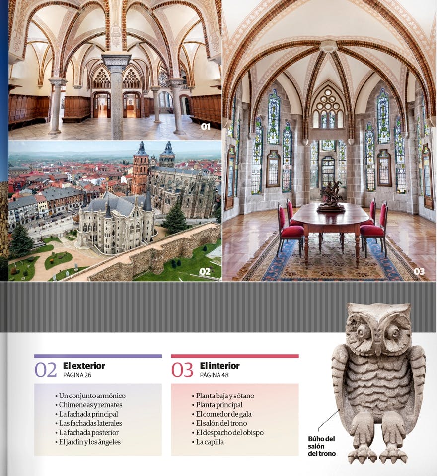 Three images: gothic interior arches (01), aerial view of a castle (02), opulent room with arched windows (03). Owl sculpture below.