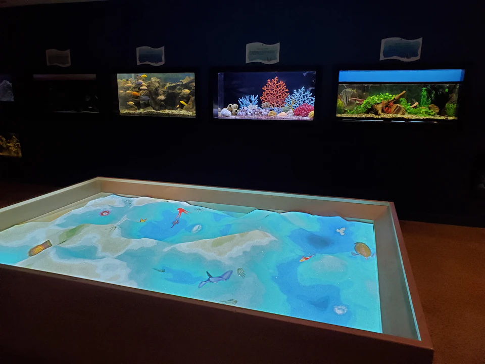 An interactive sand table with a projected ocean scene and three aquarium displays on a dark wall behind it.