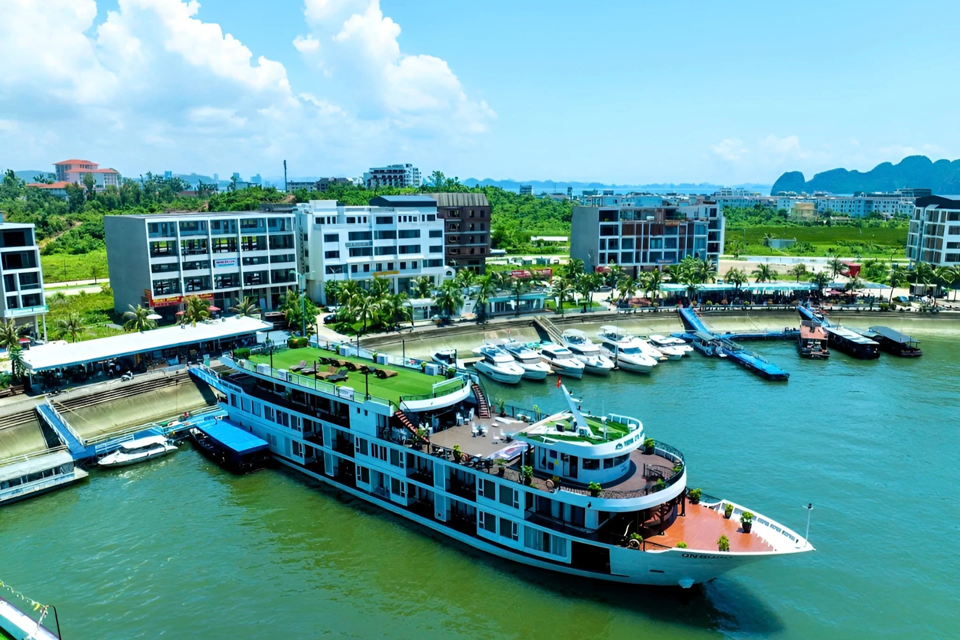 A large white boat with multiple decks docked near a marina, with buildings, greenery, and blue sky in the background.