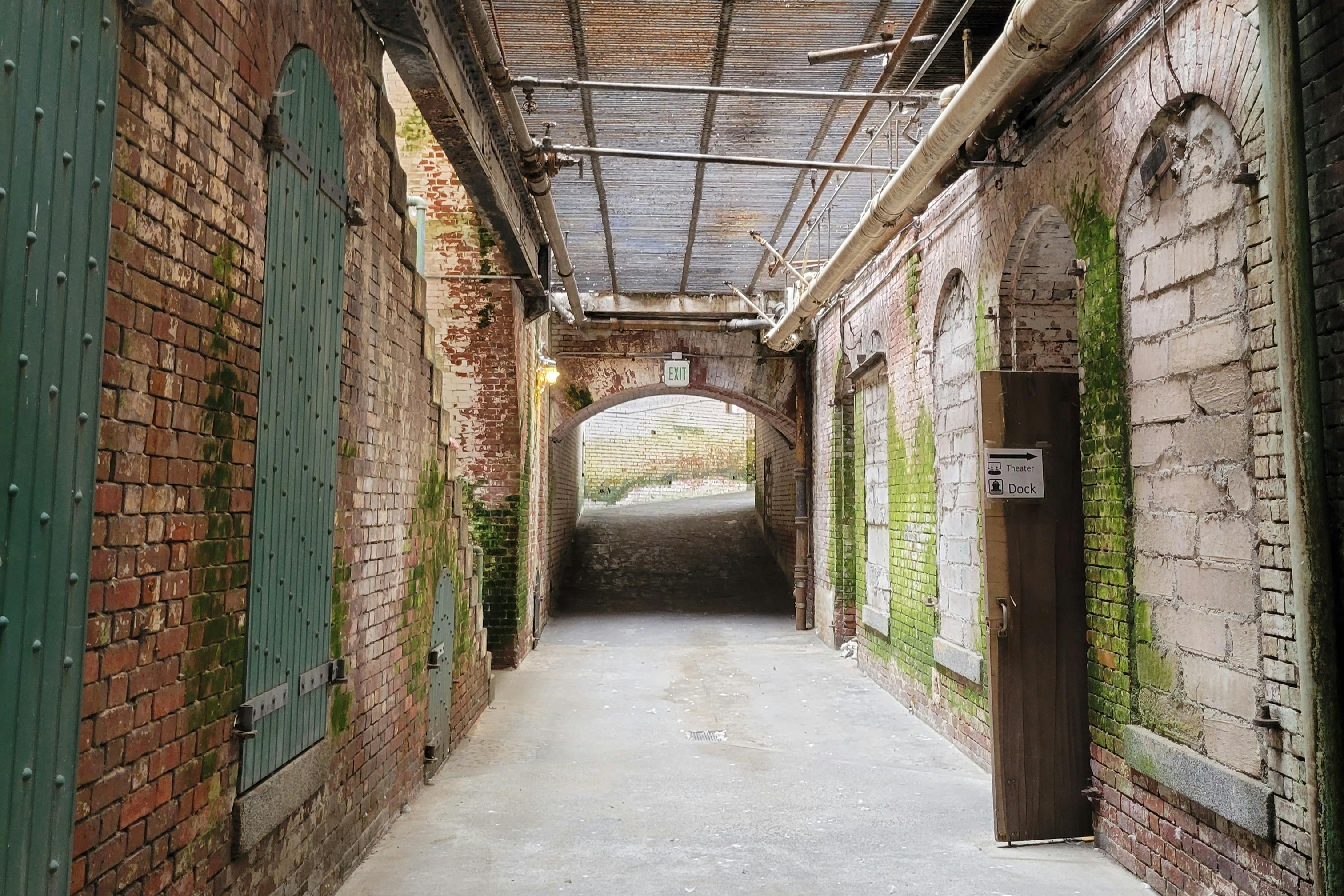 A covered brick alleyway with green shutters and moss-covered walls, leading to an arched exit with natural light beyond.