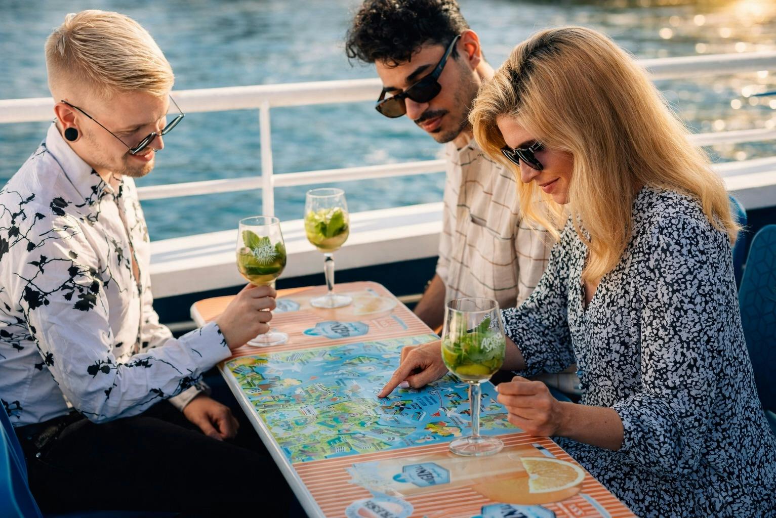 Tres persones assegudes en una taula en un vaixell, mirant un mapa, amb gots de begudes verdes sobre la taula.