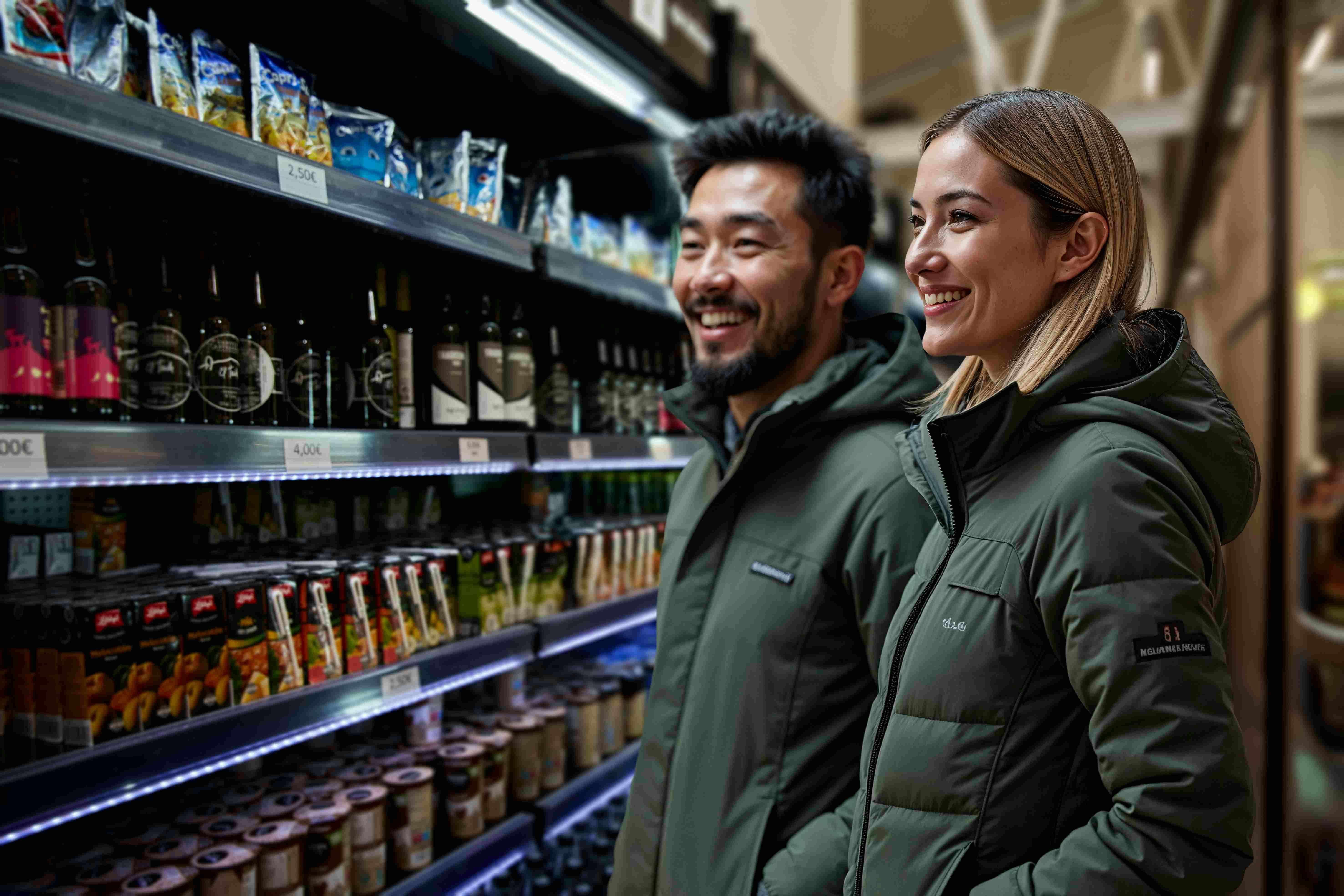 Two people in green jackets smile while shopping in a grocery store, standing next to a refrigerated section with various products.