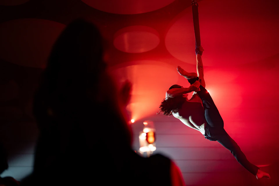 A performer suspended by a strap in mid-air under red lighting, with an audience member silhouetted in the foreground.