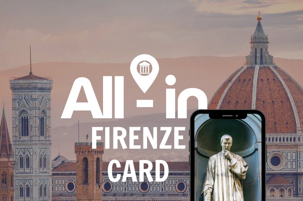 Smartphone montrant une statue devant le dôme de la cathédrale de Florence avec le texte "All-in Firenze Card" en surimpression.