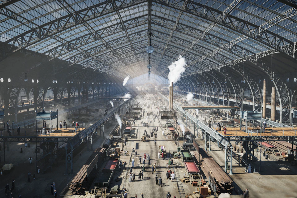 A large industrial hall with a high arched roof, bustling with people and machinery, emitting smoke and steam.