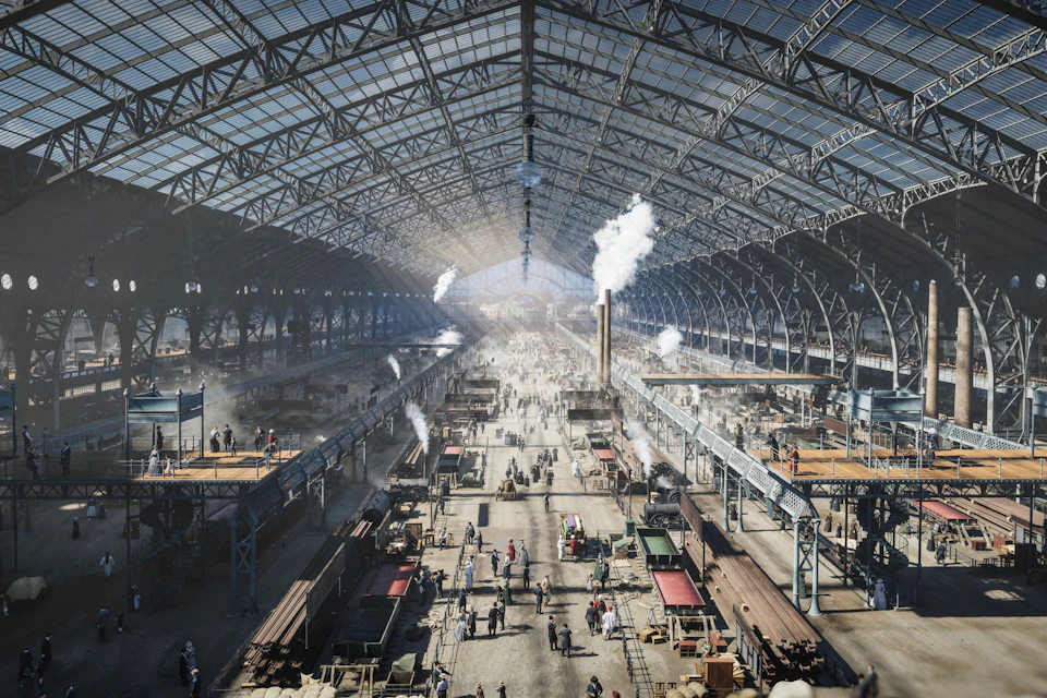 A large industrial hall with a high arched roof, bustling with people and machinery, emitting smoke and steam.