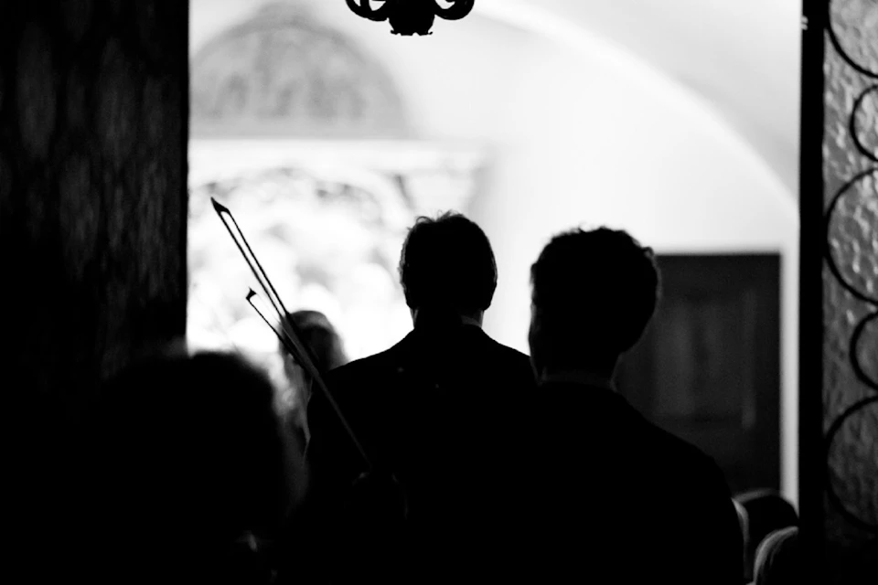 Silhouettes of people, one holding a violin, in a dimly lit room with an ornate background.
