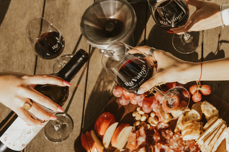 Two people toast glasses of red wine over a charcuterie board with fruits, nuts, and meats on a wooden table.