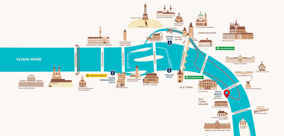 Illustrated map of Prague features the Vltava River, landmarks like Charles Bridge, Old Town Square, and several docks.