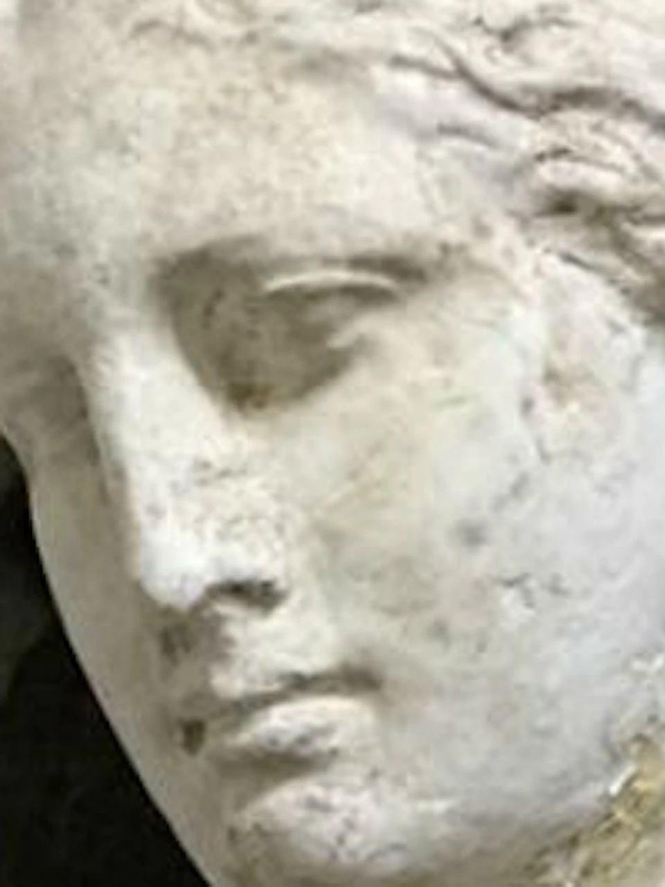 A weathered, classical-style bust leaning against a textured, peeling wall. The statue has a serene, downward-looking gaze.