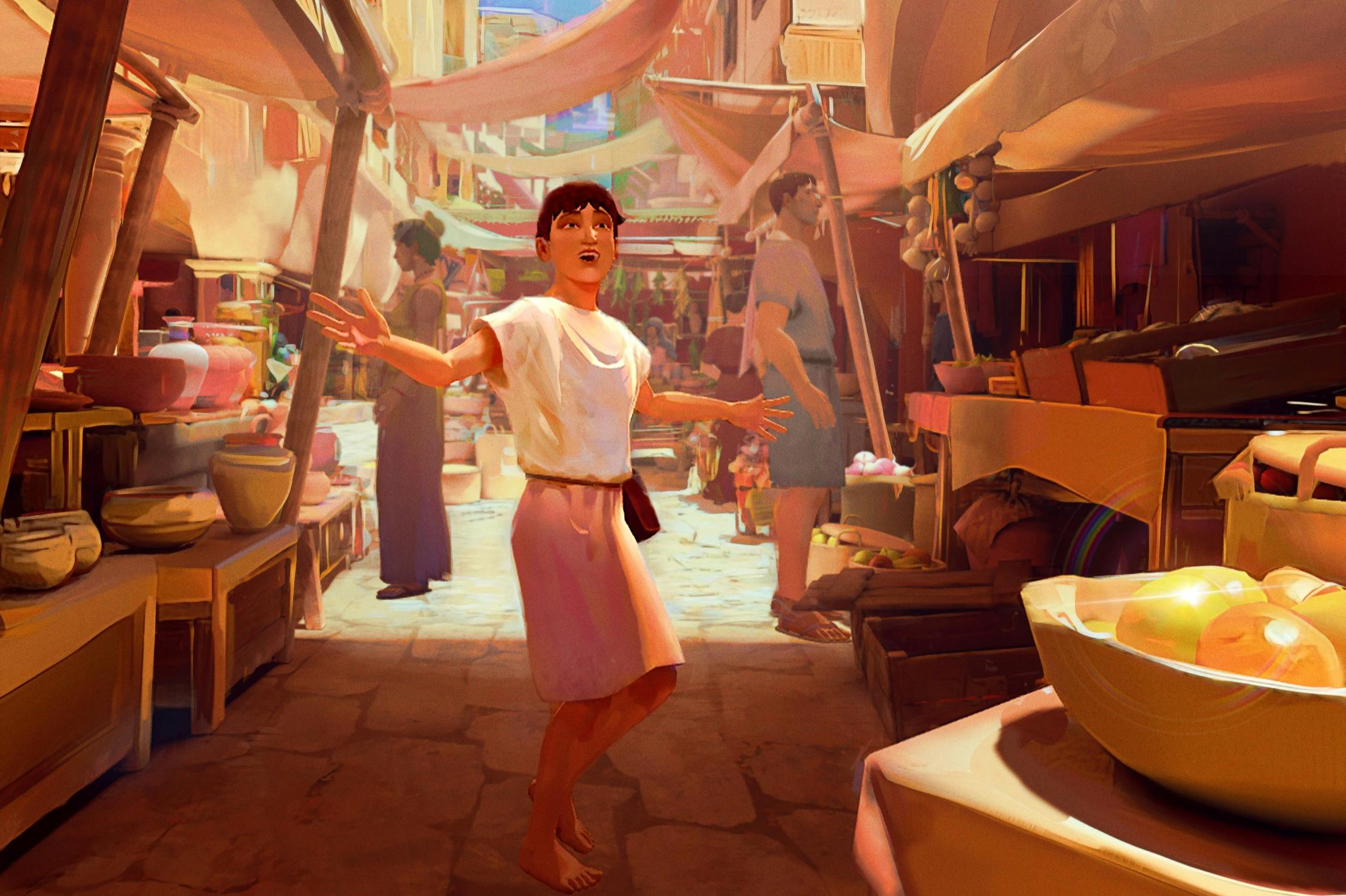 Un enfant aux pieds nus et aux bras tendus marche dans une rue de marché animée et colorée, avec divers étals et des gens autour.