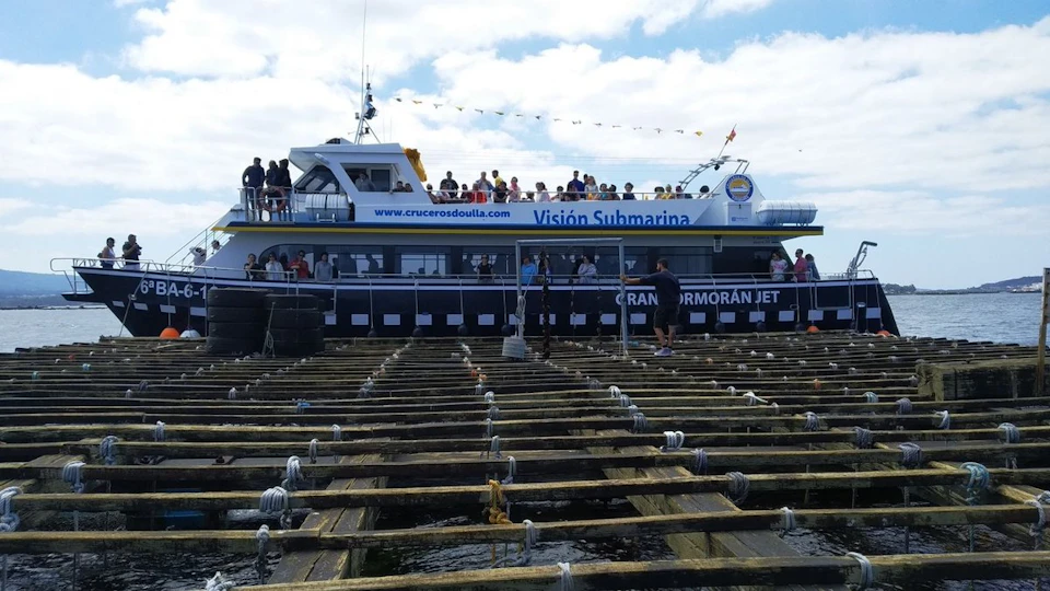 A large tour boat named "Visión Submarina" with people on board is docked next to wooden structures in the water.