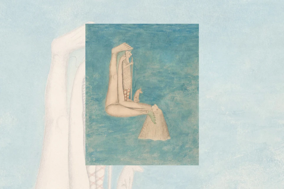 A surreal painting depicting abstract forms resembling human legs, a figure, and a small creature on a blue background.