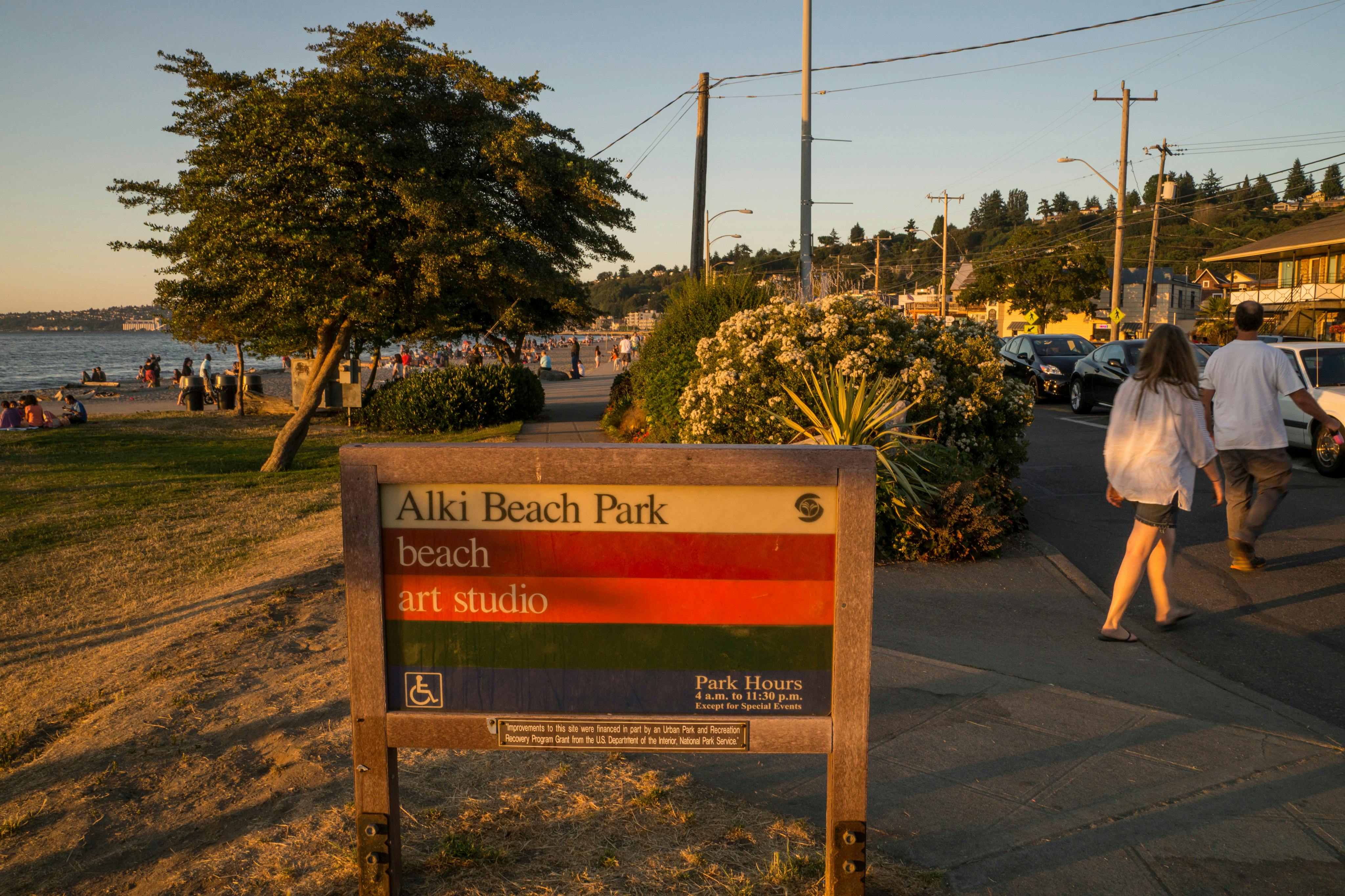 Evening beachgoers at Alki Beach Park