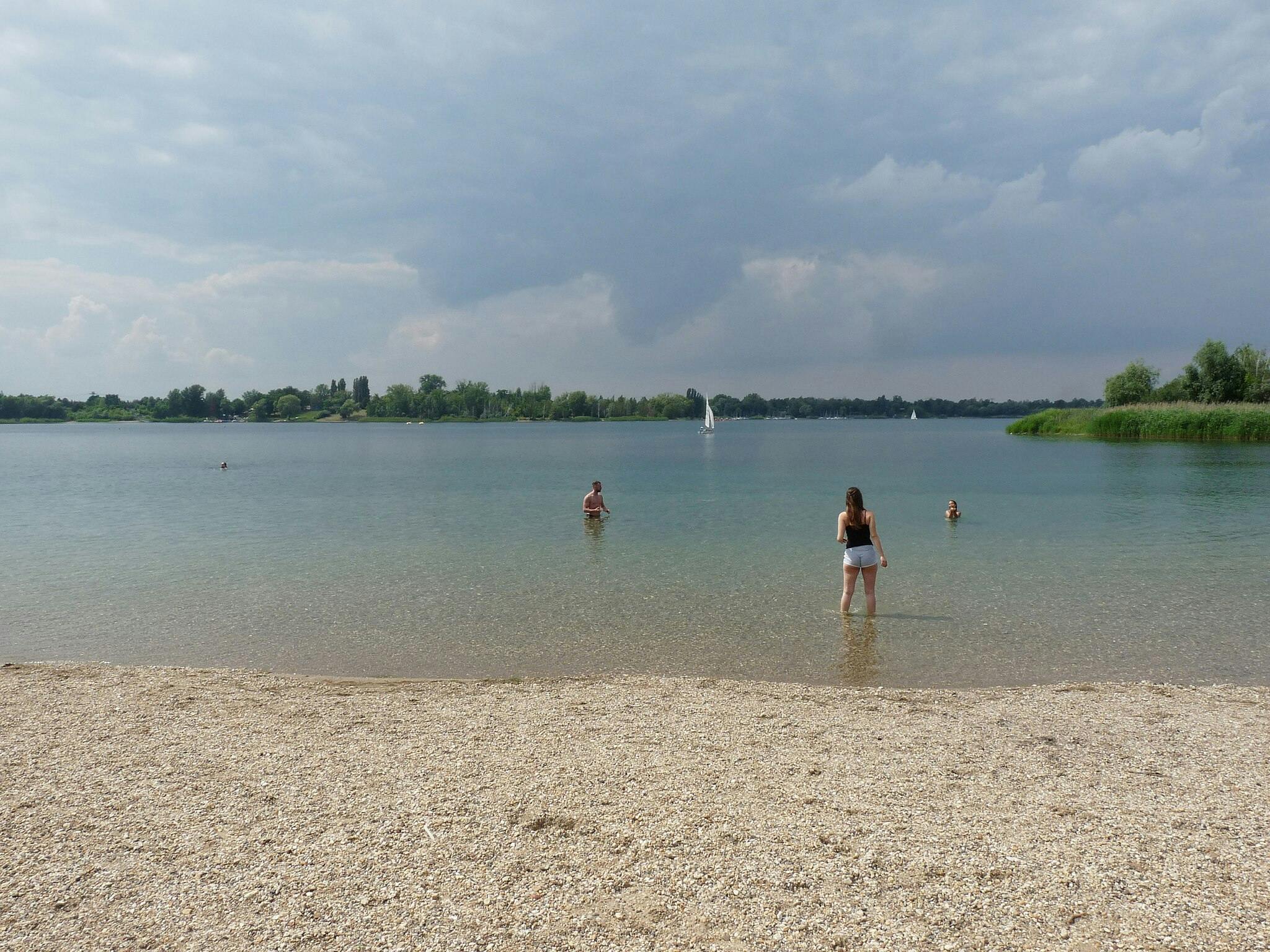People standing and swimming in a calm lake under a cloudy sky, with a pebbly shore in the foreground and trees in the distance.