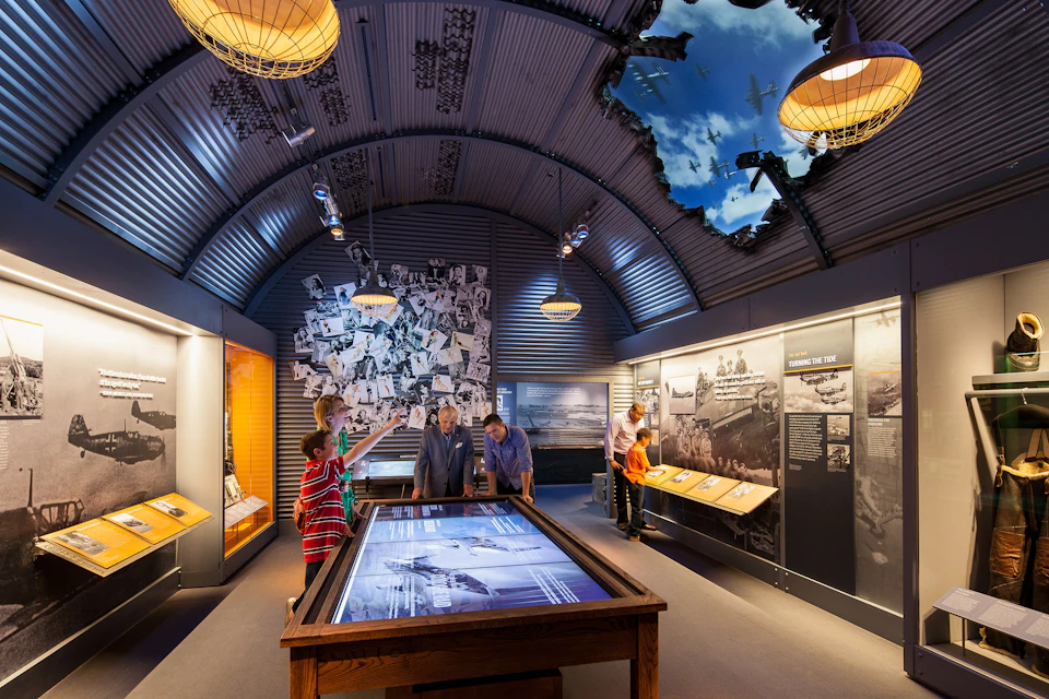 Visitors explore an aviation-themed museum exhibit with interactive displays, a collage of photos, and a ceiling resembling the sky with planes.