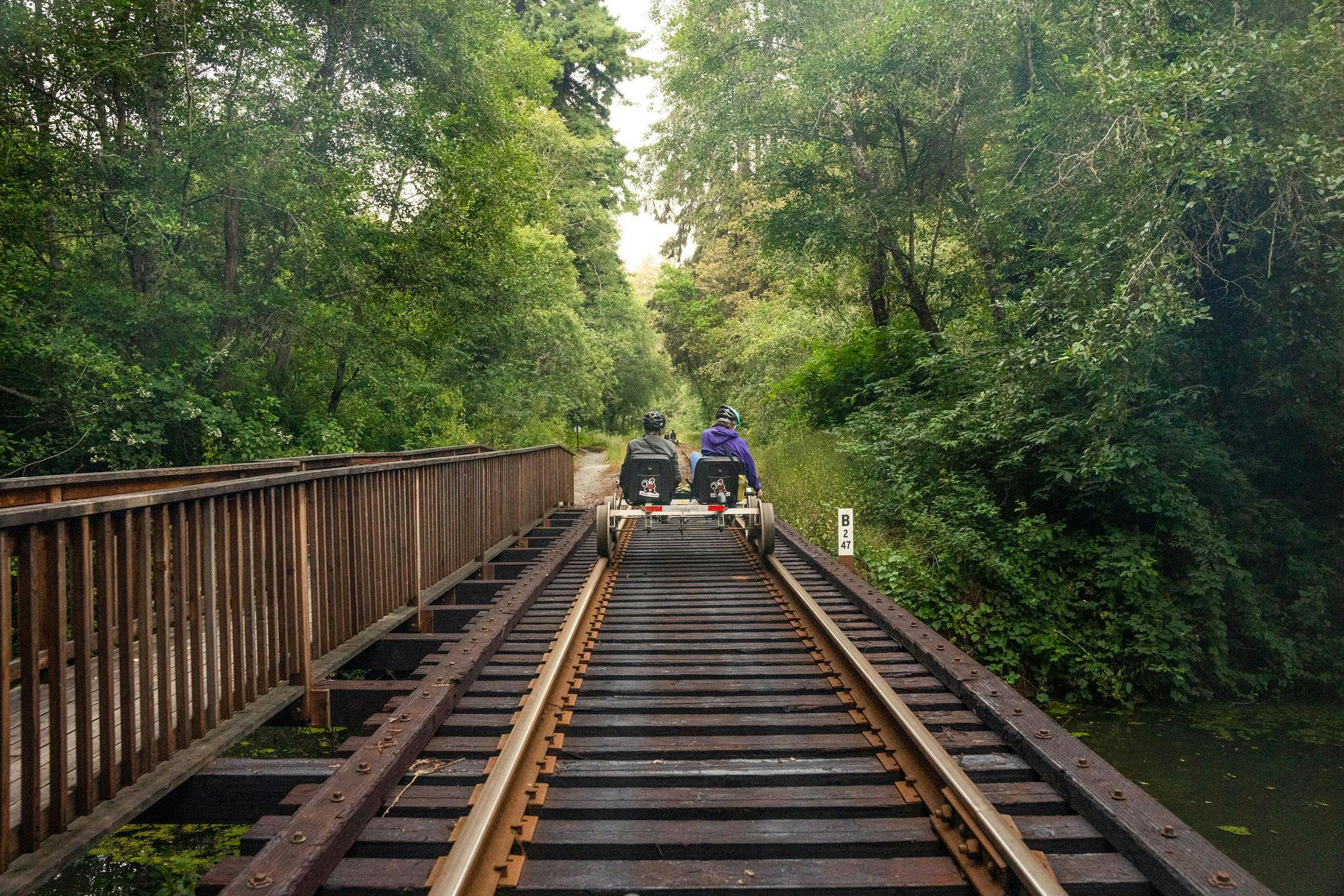 Due persone guidano una railbike su una pista attraverso una foresta verde e rigogliosa, attraversando un ponte di legno.