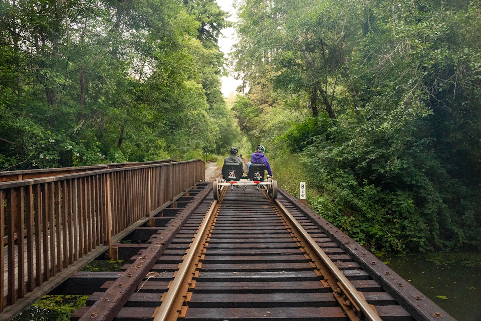 Two people ride a railbike on a track through a lush, green forest, crossing a wooden bridge.