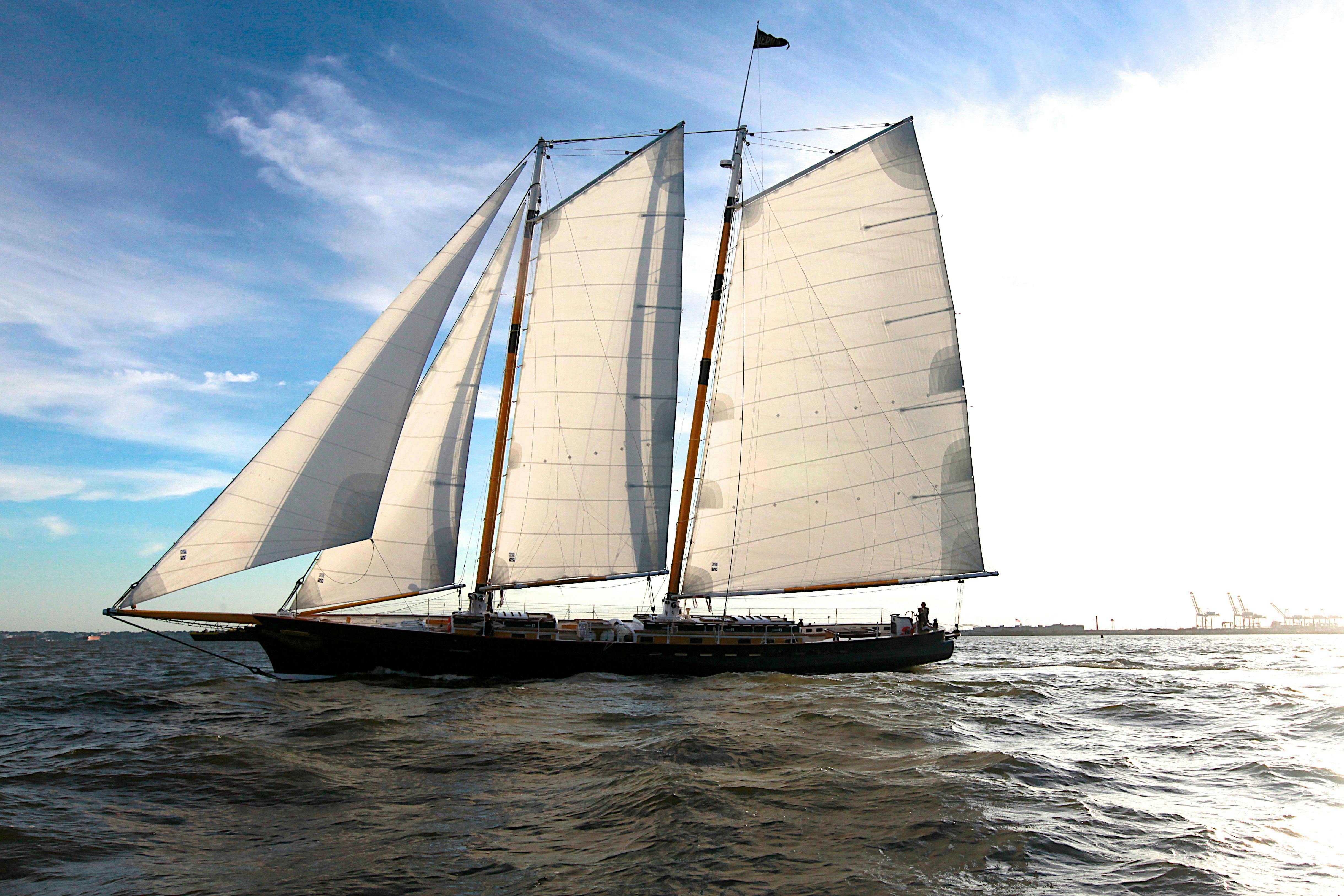 Un grand voilier à trois voiles blanches glisse sur l'eau sous un ciel partiellement nuageux.