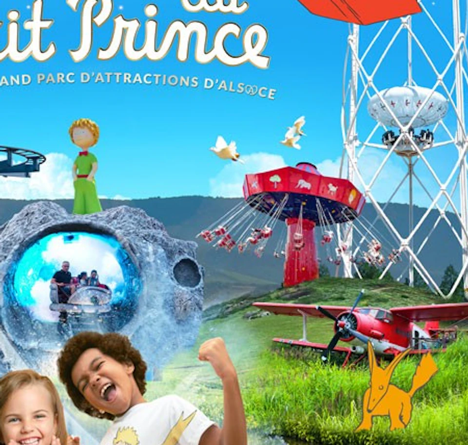 Colorful advertisement for "Le Parc du Petit Prince" featuring rides, animations, and smiling children. Located between Mulhouse and Colmar.