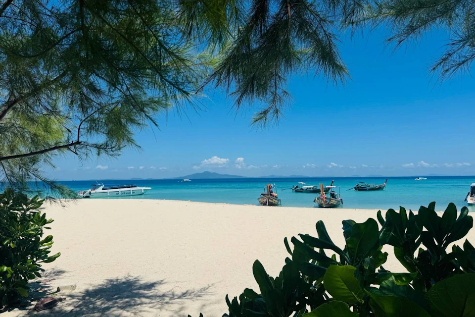 Tropical beach scene with white sand, blue water, boats docked near shore, and tree branches framing the view, island in the background.