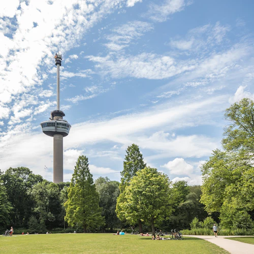 Människor kopplar av i en park med frodiga träd, ett stort modernt observationstorn i bakgrunden, under en delvis molnig himmel.