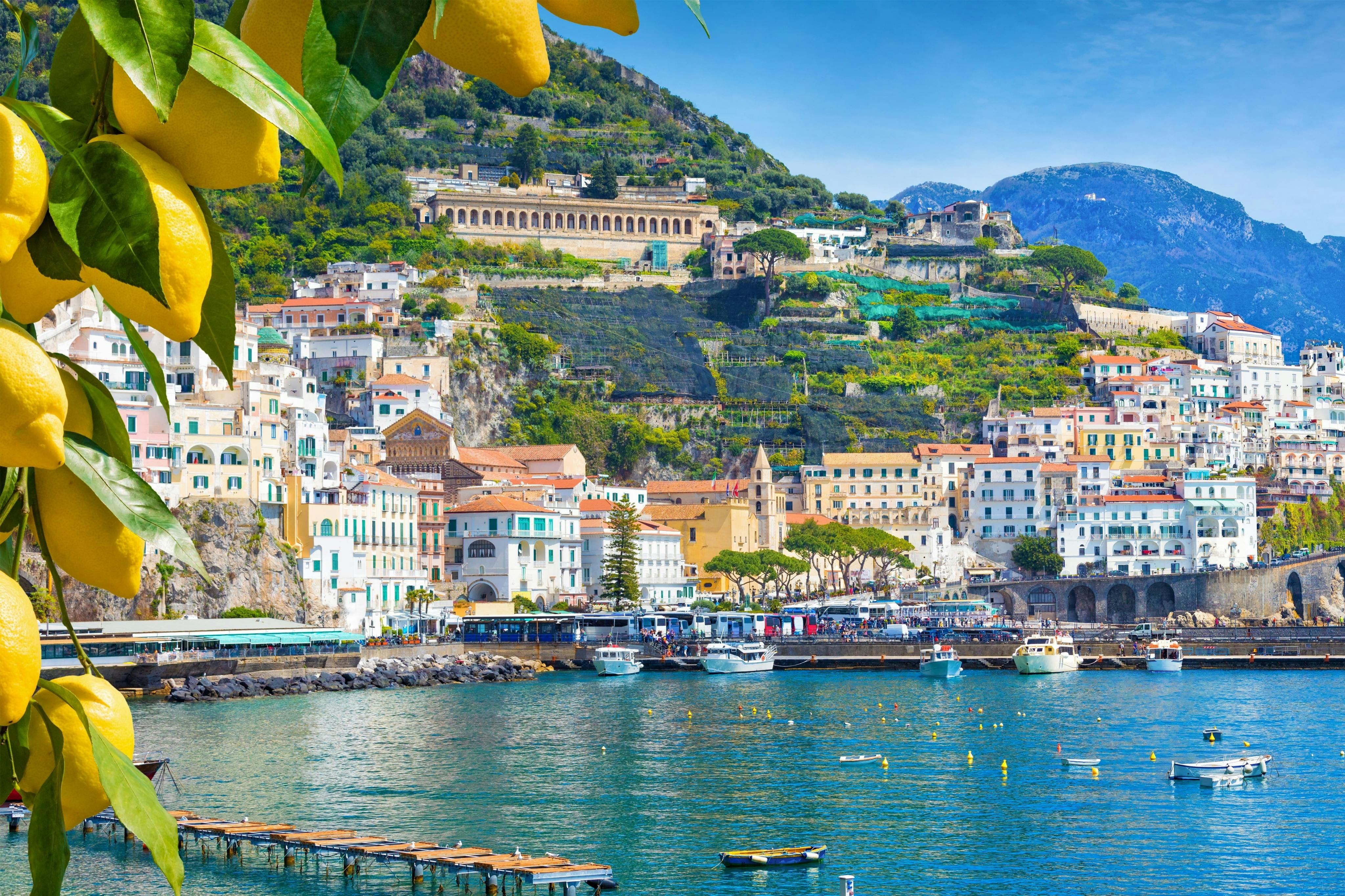 Μια γραφική παραθαλάσσια πόλη με πολύχρωμα κτίρια στην πλαγιά ενός λόφου, μια καταγάλανη θάλασσα και λεμόνια να κρέμονται σε πρώτο πλάνο.