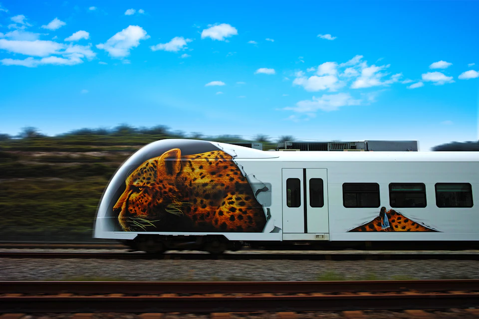 A train with a large, realistic leopard face painted on the side, traveling on rail tracks under a clear blue sky.