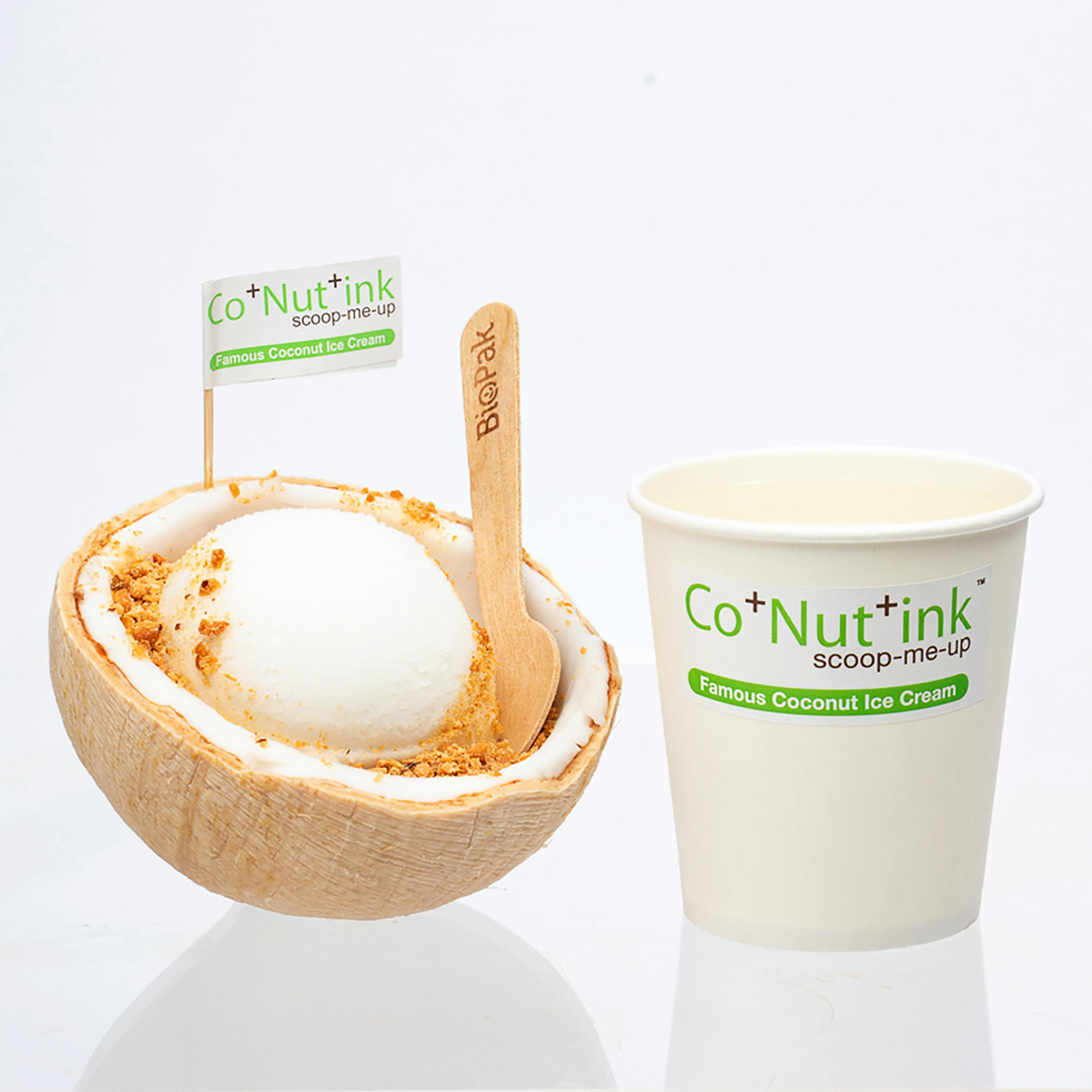 A coconut shell with a scoop of ice cream, a wooden spoon, and a branded paper cup, set on a white background.