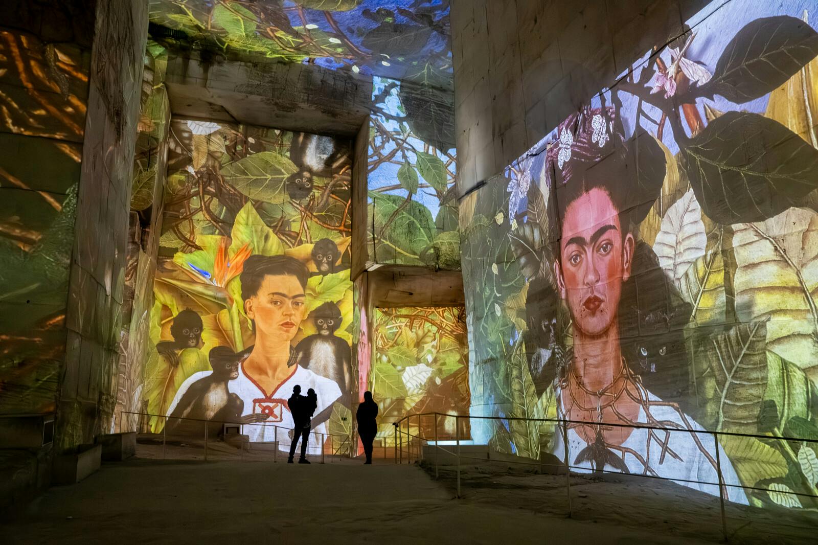 A projection of a colorful artwork featuring a portrait surrounded by foliage on the walls of a large indoor space with visitors.
