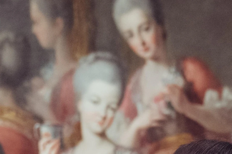 A person viewing a historical painting depicting a group of people in period clothing in a museum setting.