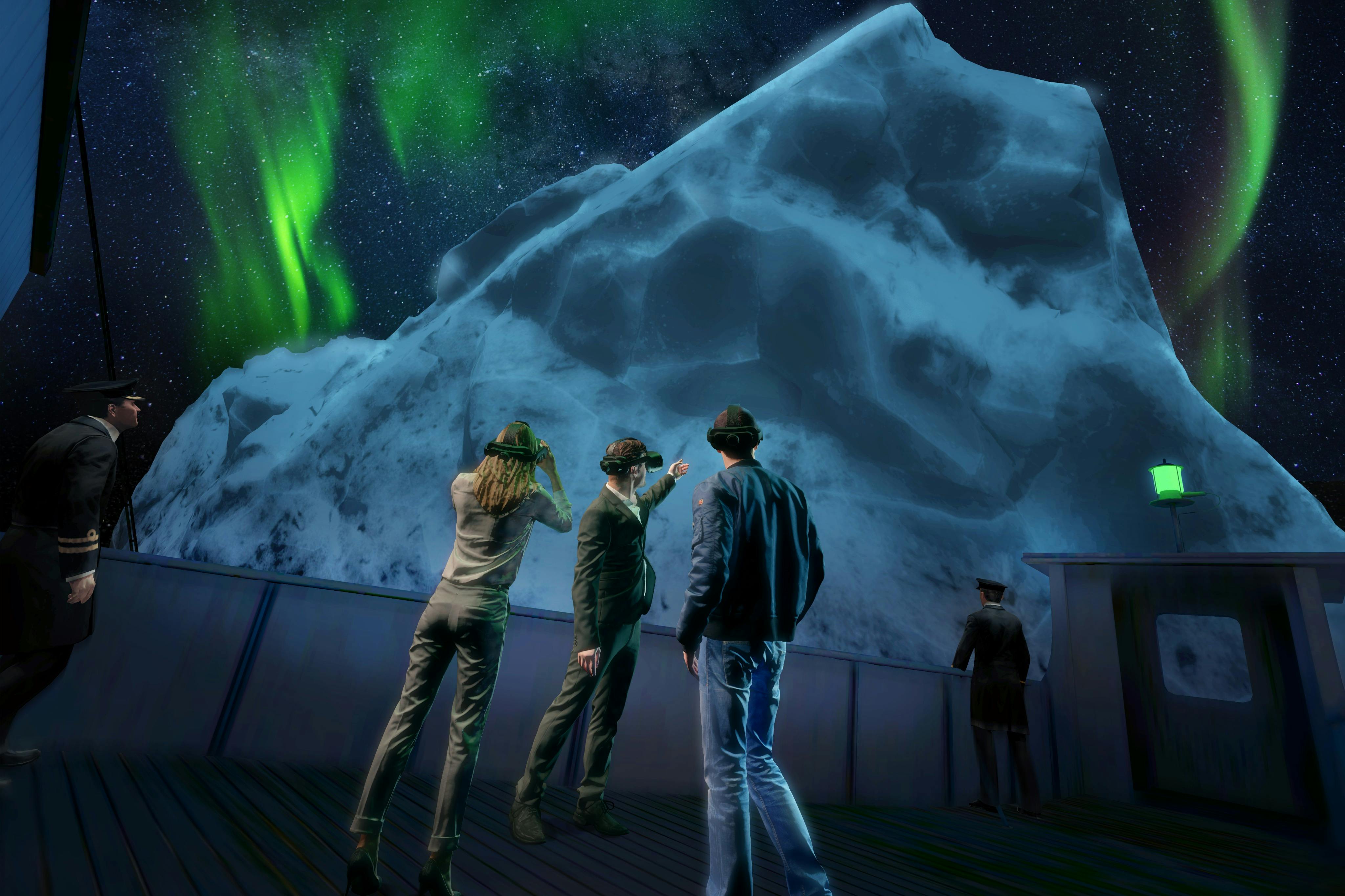 Trois personnes sur le pont d'un navire regardent un grand iceberg sous un ciel nocturne étoilé avec des aurores vertes. Une quatrième personne se tient à proximité.